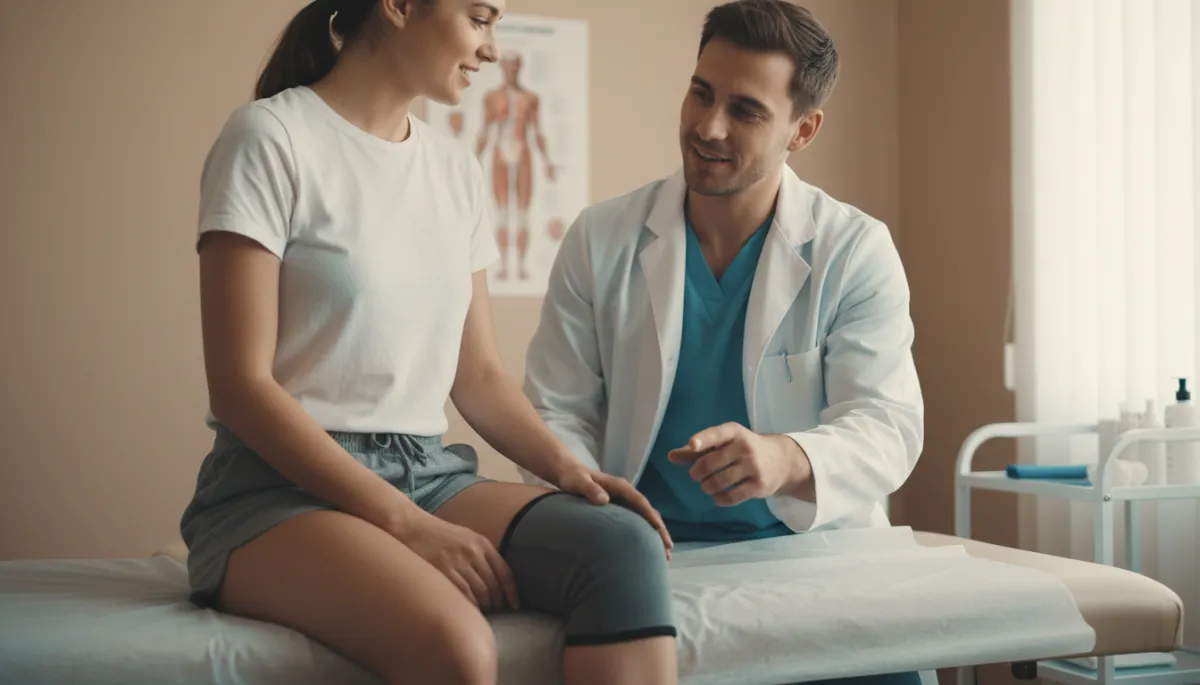 Patient and clinician discussing non-invasive knee pain treatment options in a clinic