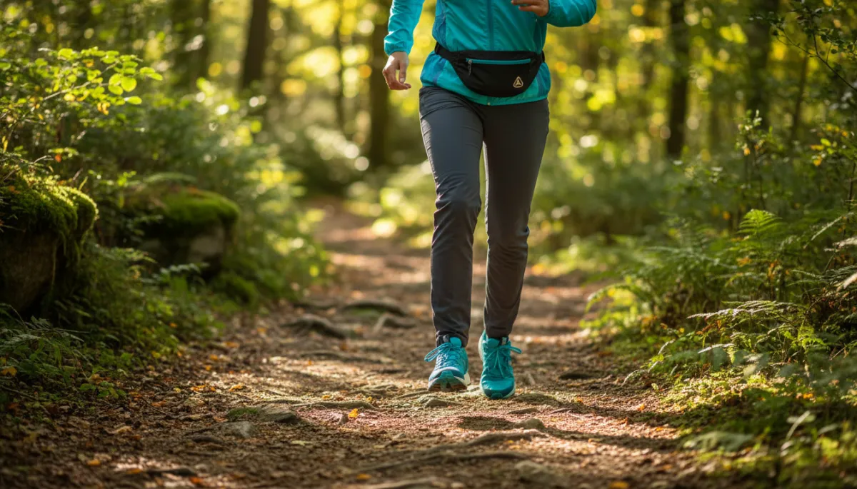 Person hiking comfortably on a forest trail after knee pain relief from HyperWave Therapy