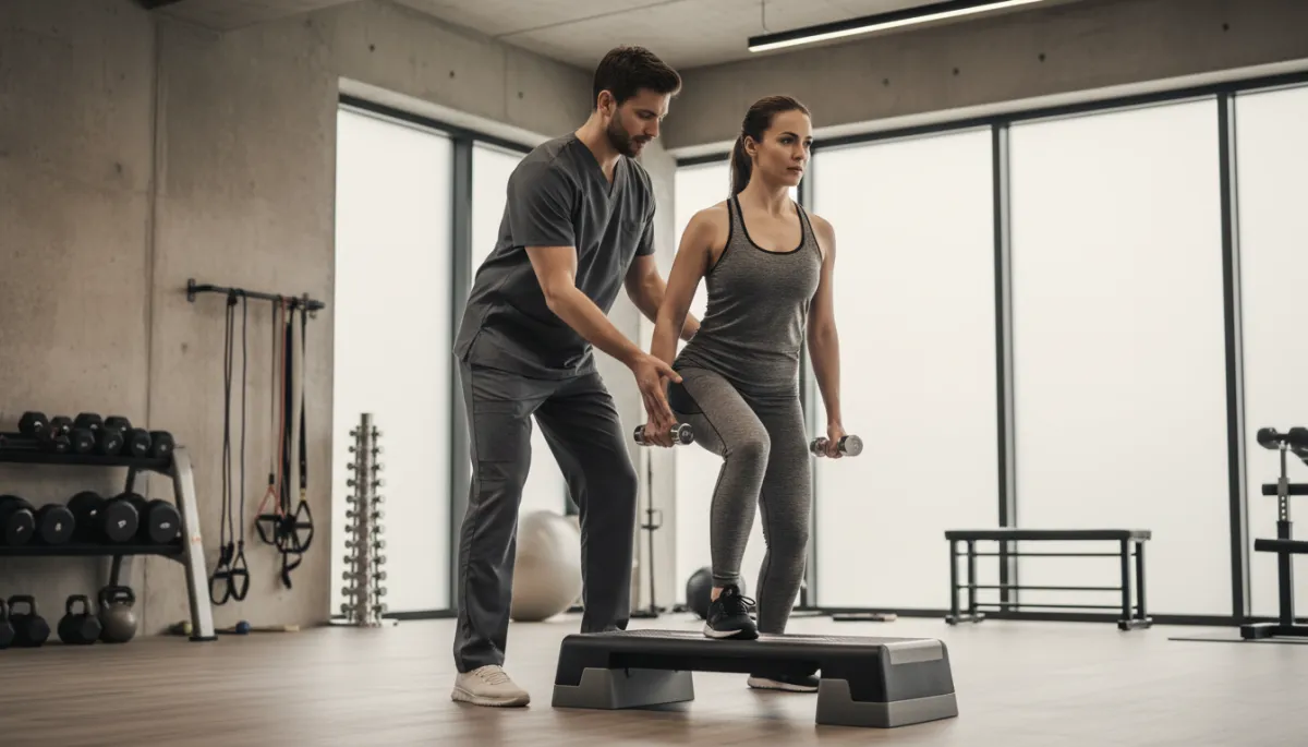 Physical therapist coaching a patient through knee strengthening exercises