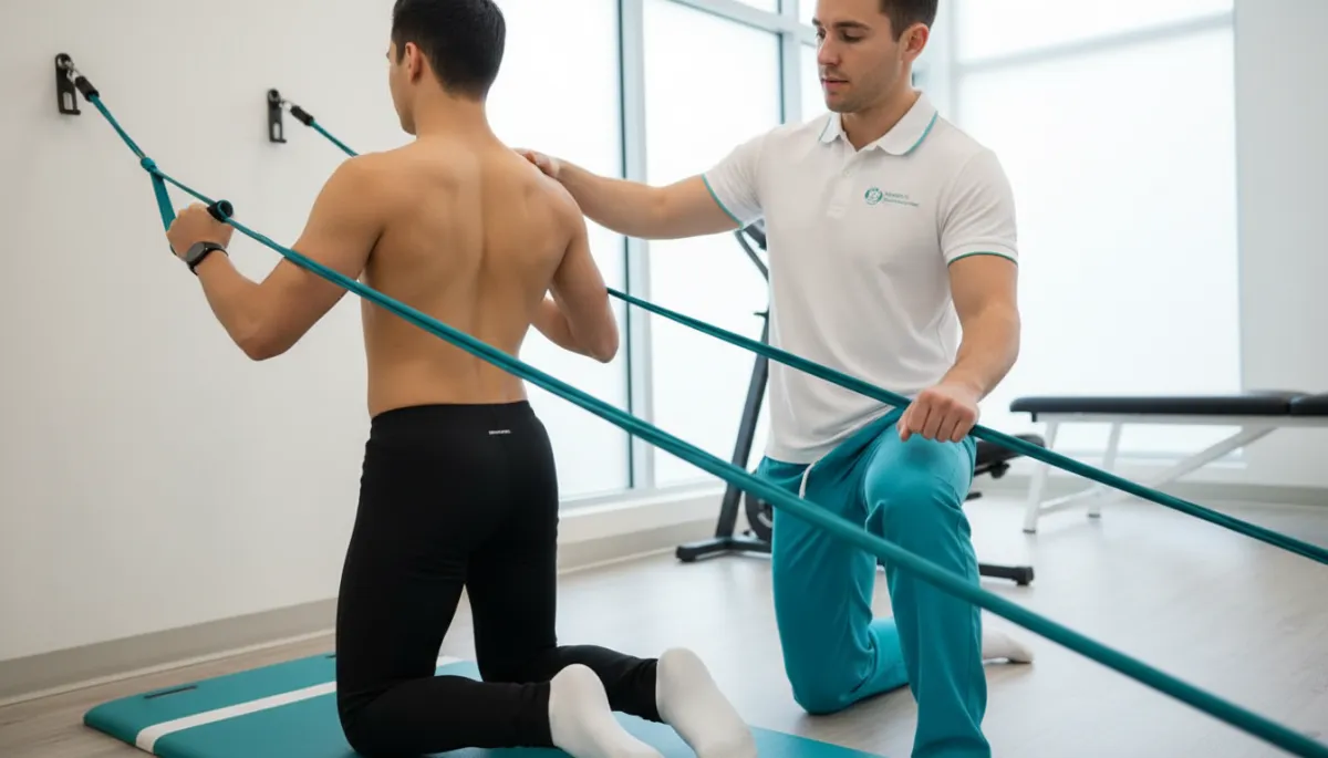 Person performing supervised strength-based rehabilitation exercises for chronic low back pain