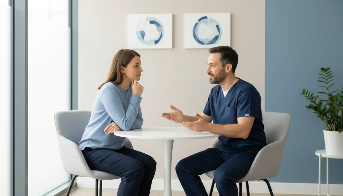 A photorealistic, high-quality image showing a professional clinician, dressed in modern medical attire, sitting and attentively speaking with a patient in a bright, well-lit clinic room. The clinician is using expressive hand gestures to explain something, while the patient listens with interest, suggesting a discussion about treatment progress and expectations. There are no visible medical devices or equipment in the scene, focusing solely on the human interaction. The setting is clean and modern, with soft neutral tones and subtle hints of blue and white to convey a calm, trustworthy medical environment. The overall mood is supportive and informative, visually aligning with a blog post about timelines and progress in shockwave therapy.