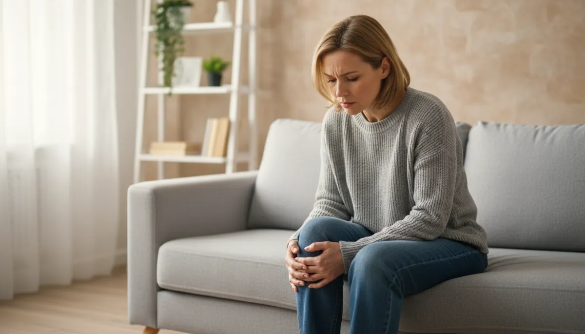 Create a photorealistic, high-quality image of an adult person experiencing joint pain, without any visible medical devices or therapy equipment. The individual should be seated or standing in a neutral, modern indoor setting with soft, natural lighting. The person—dressed in casual, comfortable clothing—should be gently holding or touching a joint area such as the knee, shoulder, or elbow, subtly expressing discomfort or concern through their facial expression and body language. The background should be clean and uncluttered, maintaining a professional and approachable atmosphere suitable for a medical blog. No branding, text, or references to specific treatments or devices should be present.