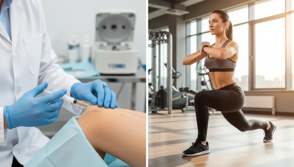 Create a photorealistic, high-quality split-screen illustration for a professional medical blog. On the left side, depict a close-up of a medical professional administering a PRP (Platelet-Rich Plasma) injection into a patient's knee, highlighting the needle and the careful, sterile medical environment. On the right side, show an athletic person in mid-motion performing a dynamic exercise—such as a lunge or squat—in a bright, modern gym setting, symbolizing physical therapy or active recovery. Exclude any text or references to 