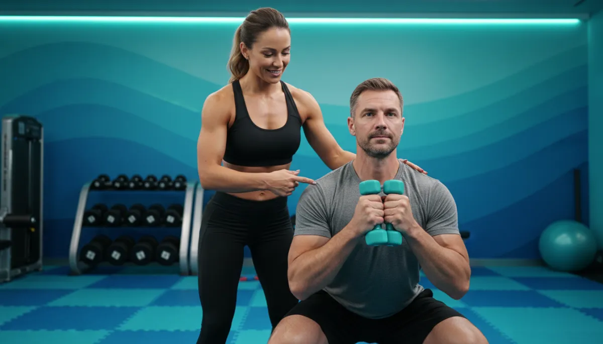 Trainer coaching a client through a modified squat to reduce back strain