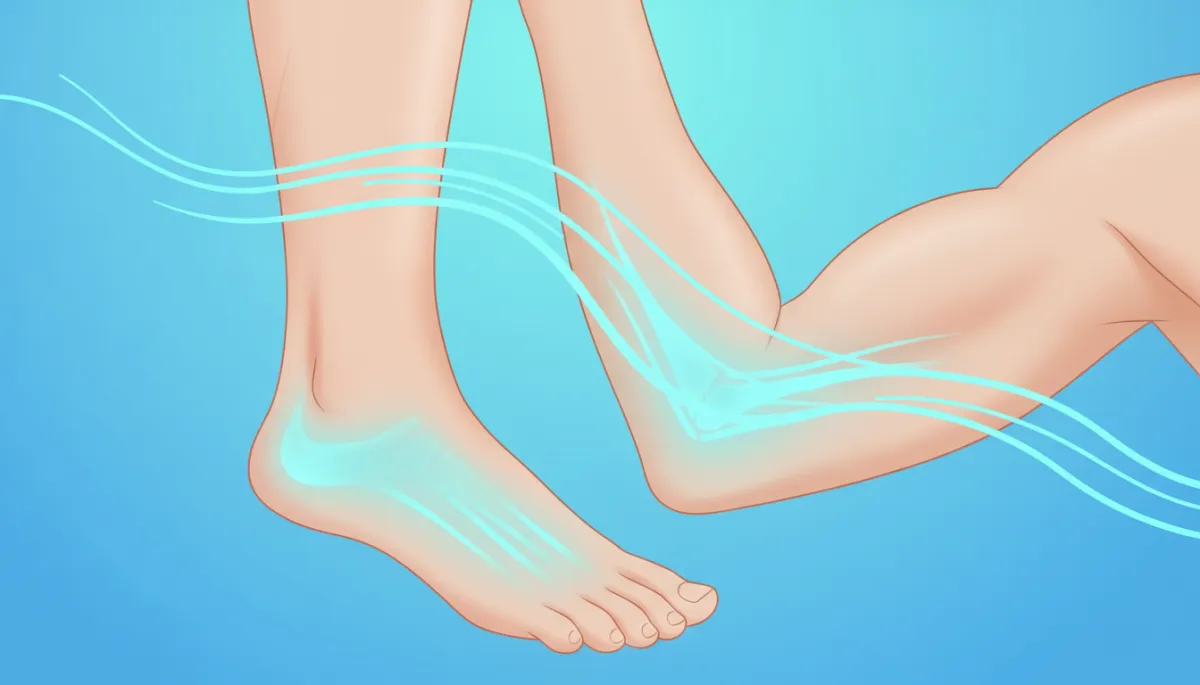 Create a photorealistic, high-quality illustration in calming aqua tones depicting the human foot and lower leg alongside an arm and elbow, highlighting the plantar fascia and elbow tendon areas with a soft glow or subtle overlay to indicate regions of pain and treatment focus. Do not include any medical devices or tools—emphasize the concept of relief through motion by showing gentle, dynamic lines or abstract waves flowing through the heel and elbow areas. The overall composition should convey a sense of comfort, healing, and movement, maintaining a clean, professional look suitable for a health and wellness blog.
