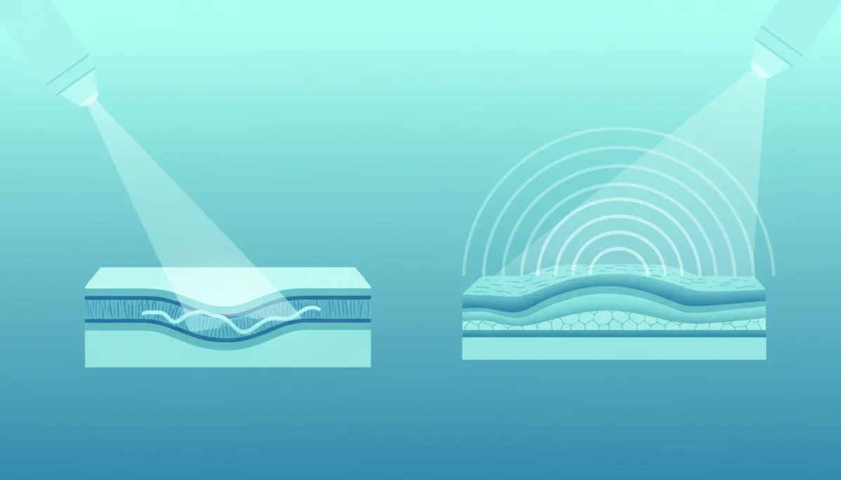 Illustration comparing focused and radial shockwave energy patterns Illustration comparing focused and radial shockwave energy patterns