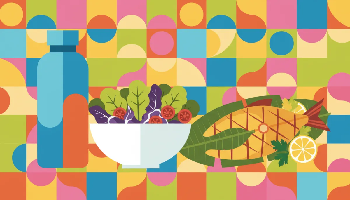 Modern illustration of water and balanced meal supporting tendon and ligament health
