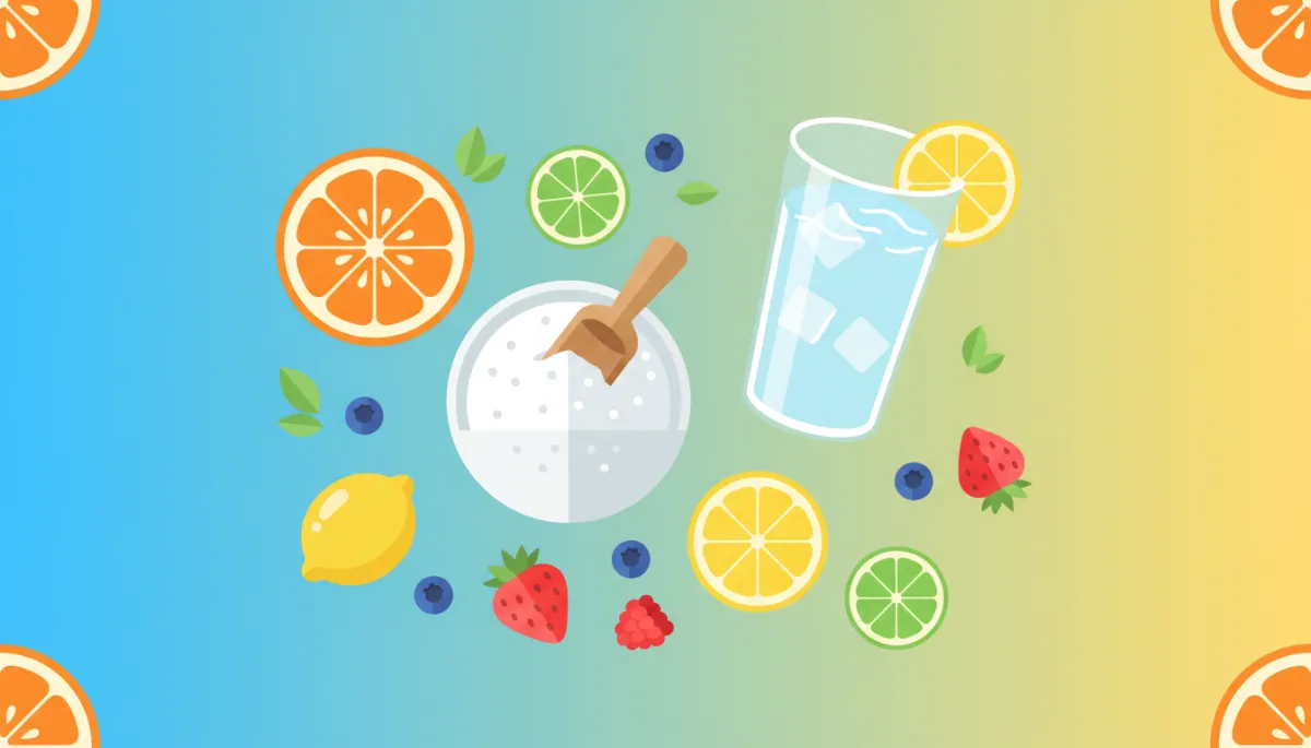 Colorful arrangement of collagen, fruit, and water supporting tissue repair