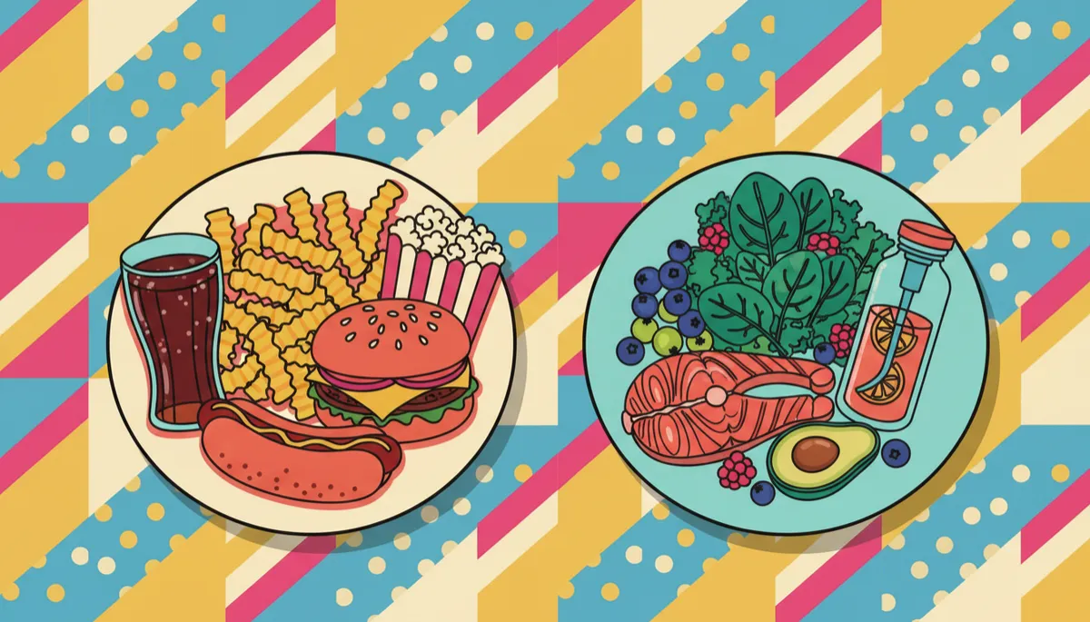 Pop retro illustration comparing ultra-processed foods with anti-inflammatory whole foods