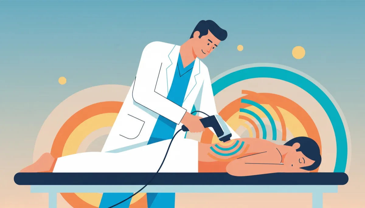 Modern clean illustration of HyperWave focused shockwave therapy for lower back pain
