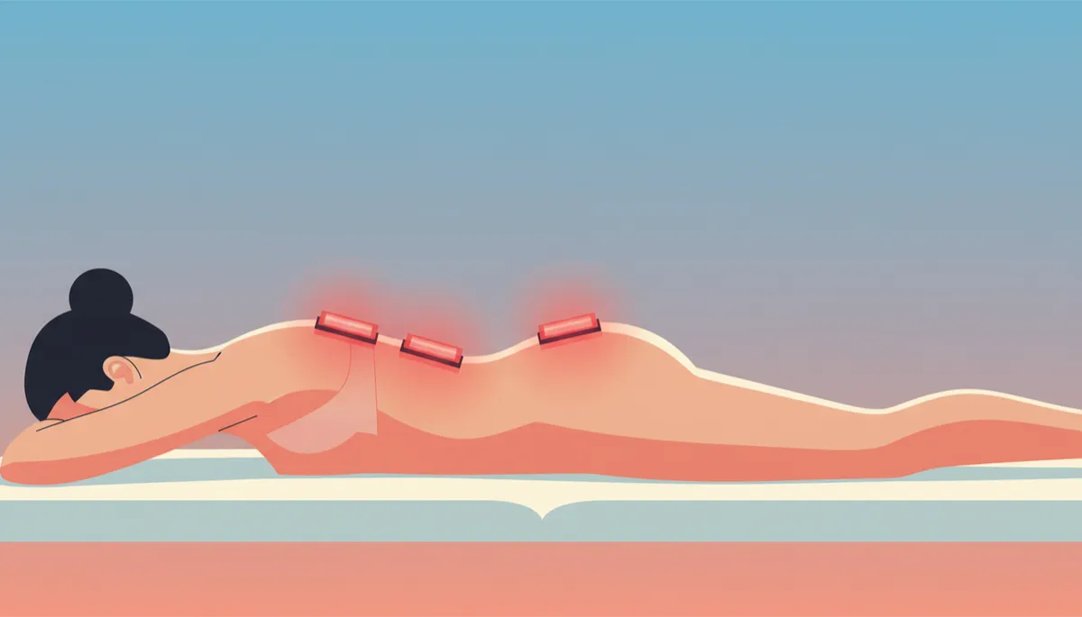 Modern clean illustration of red light therapy applied to the lower back