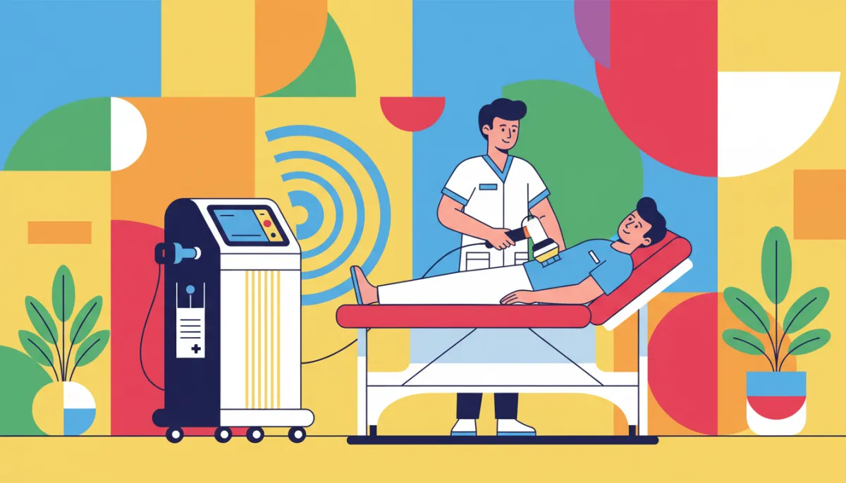 Illustrated clinic scene showing a patient receiving shockwave therapy
