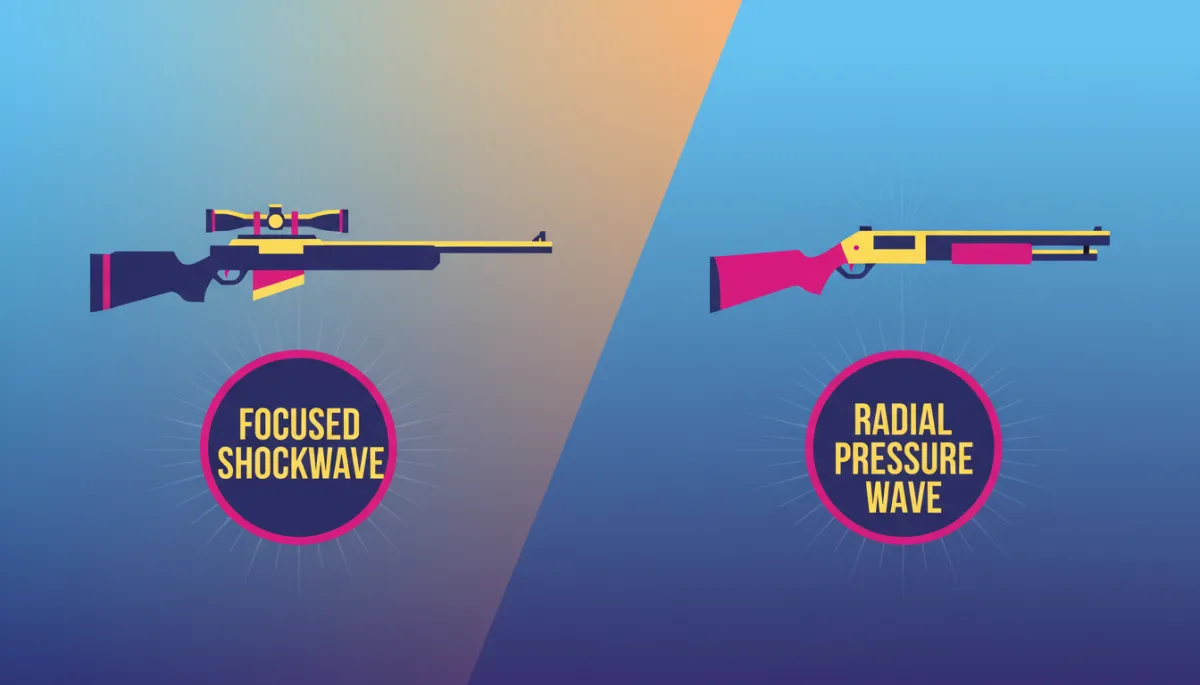 Graphic comparing focused shockwave sniper precision to radial pressure wave shotgun spread Graphic comparing focused shockwave sniper precision to radial pressure wave shotgun spread