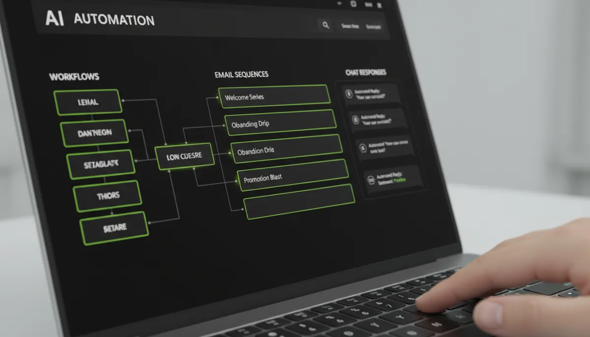 Laptop screen showing AI automation dashboard for a solopreneur business