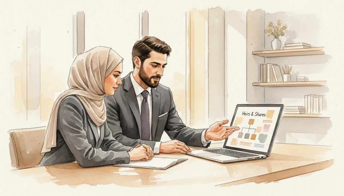 Adviser explaining Islamic heirs and shares to a Muslim couple in an office setting Adviser explaining Islamic heirs and shares to a Muslim couple in an office setting