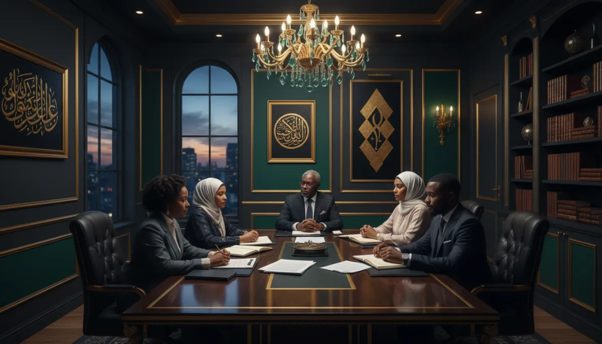 sophisticated editorial photography of an elegant South African Muslim family office boardroom at dusk, dark charcoal walls, subtle emerald green accents, gold-trimmed artwork with Arabic calligraphy, a polished table with legal documents and investment reports, soft directional lighting creating a dramatic, contemplative atmosphere