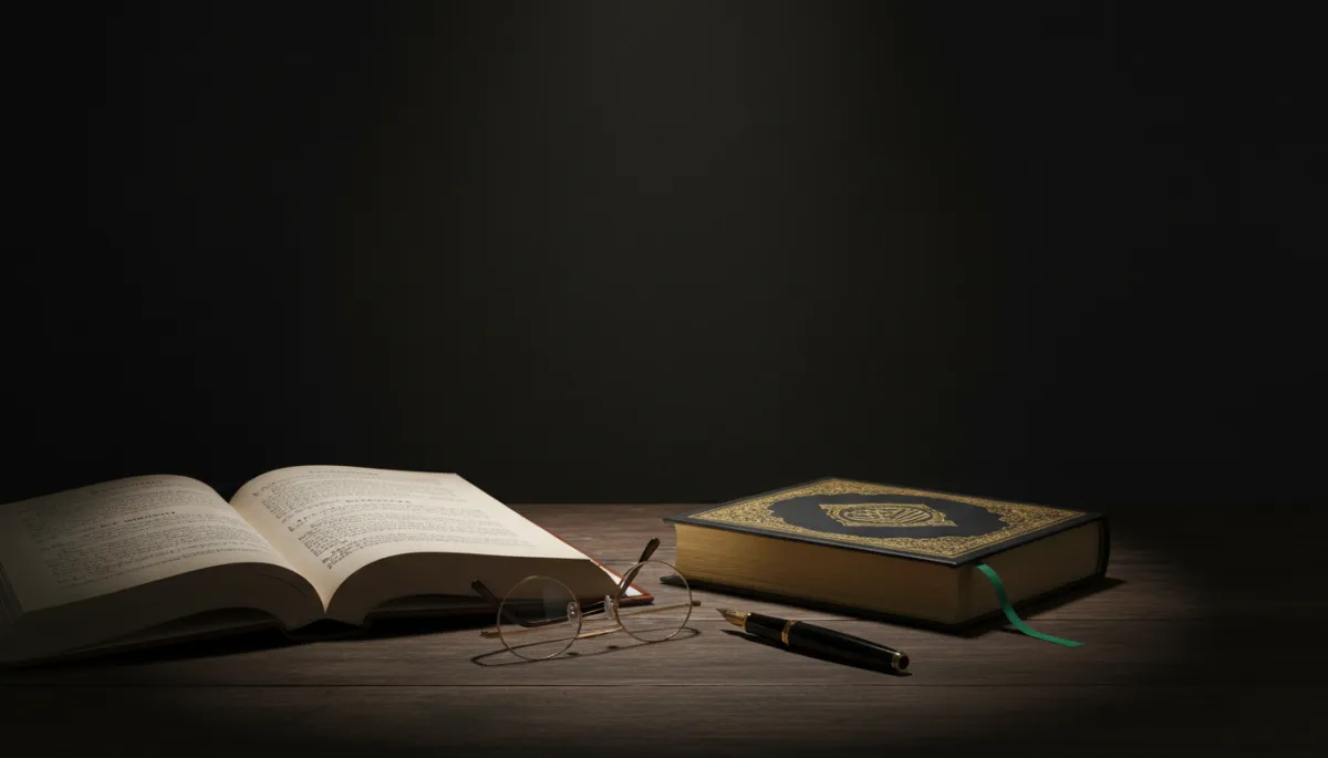 editorial photography of a dark wood desk in a dimly lit study with charcoal walls, an open leather-bound legal document, a closed Quran with a subtle emerald green ribbon, a pair of gold-rimmed reading glasses and a fountain pen, warm spotlight creating dramatic shadows, colour palette of #1A1A1A charcoal, #C9A646 gold accents on book edges and pen, and #156C4E emerald green bookmark, overall scholarly and contemplative atmosphere