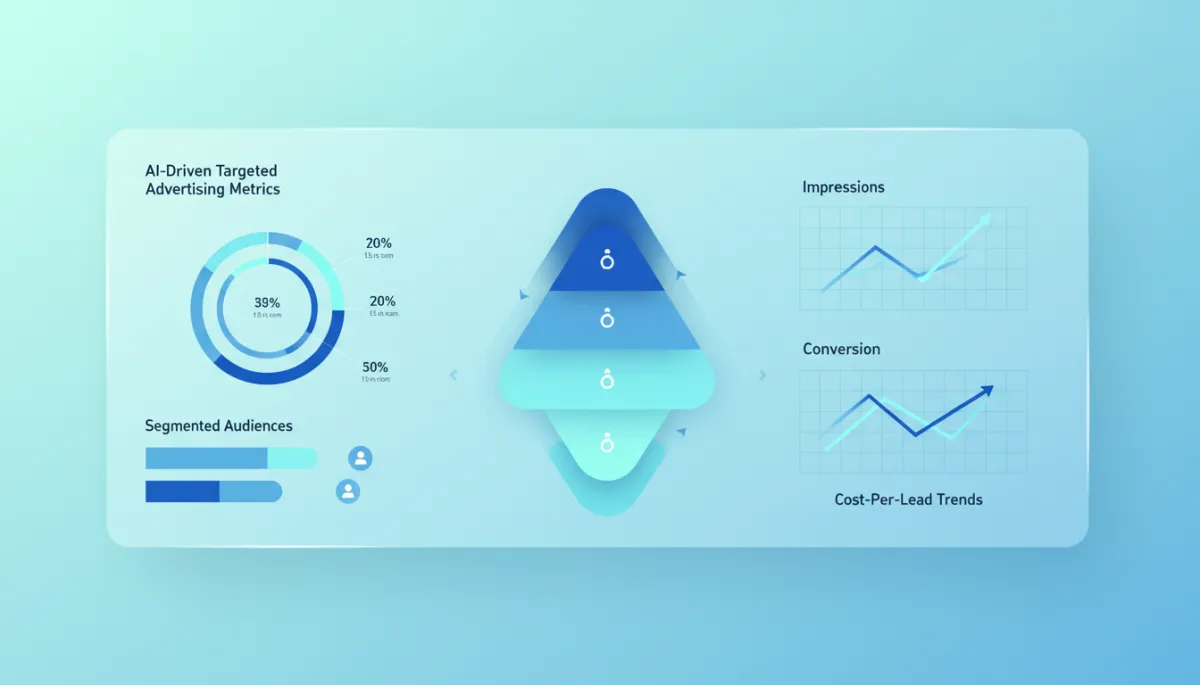 Modern clean AI advertising dashboard showing segmented audiences and conversion metrics Modern clean AI advertising dashboard showing segmented audiences and conversion metrics