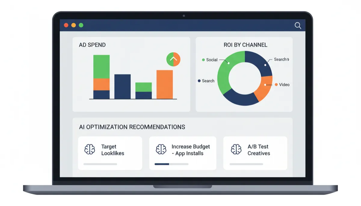 Laptop displaying AI advertising analytics dashboard with ROI by channel Laptop displaying AI advertising analytics dashboard with ROI by channel