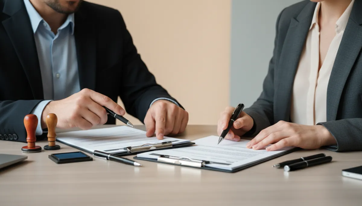 Business owner reviewing banking authorization forms with a professional notary Business owner reviewing banking authorization forms with a professional notary