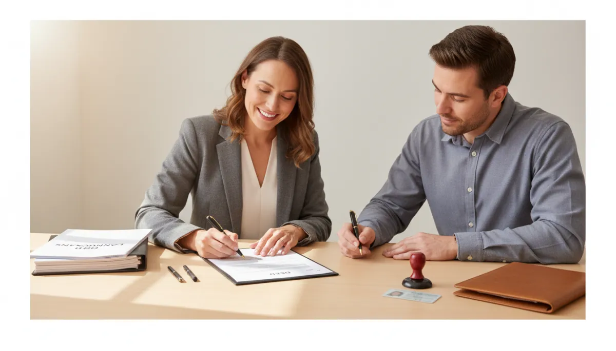 Notary overseeing deed and loan document signing for an investment property Notary overseeing deed and loan document signing for an investment property