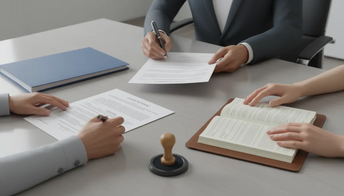 Multiple signers completing estate planning documents with a notary present