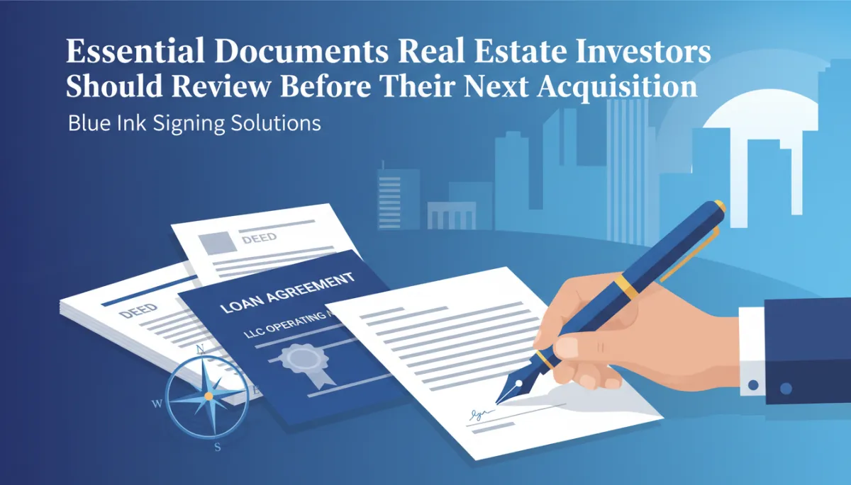 Investor reviewing real estate closing documents with a professional notary in Miami office