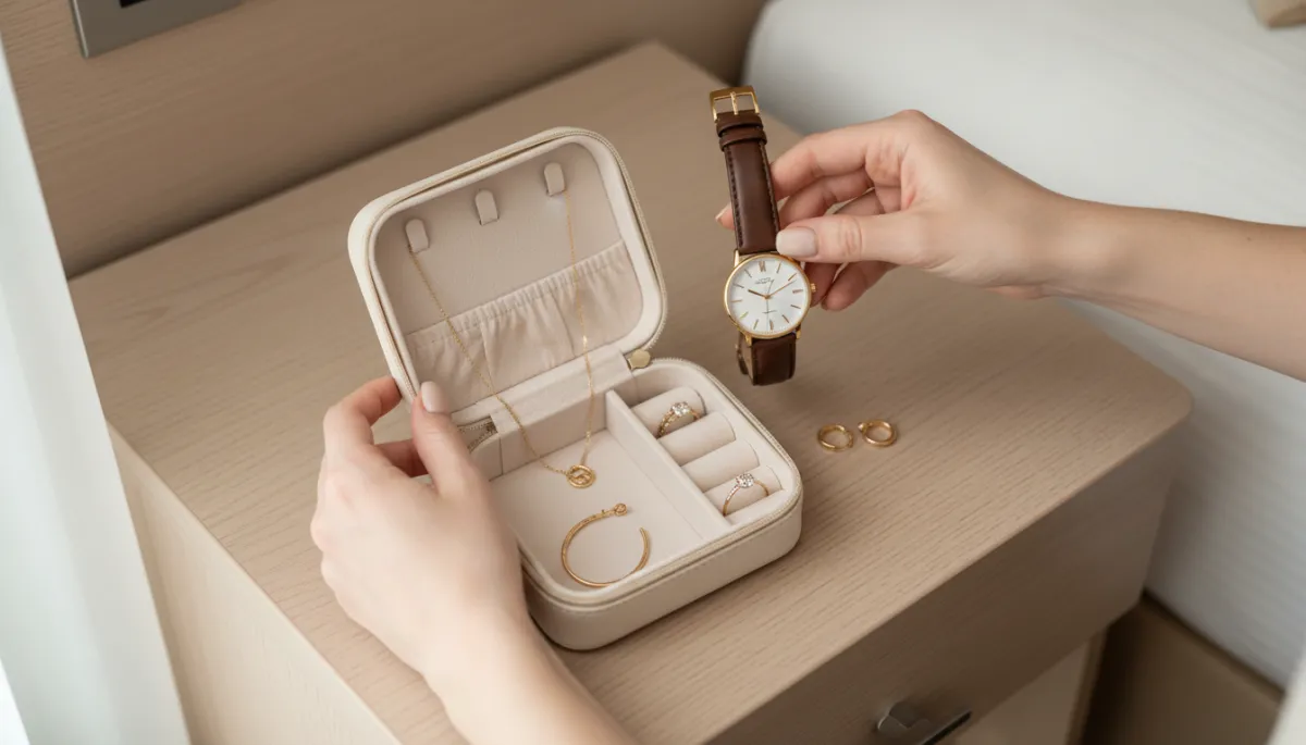 Placing jewelry and a luxury watch into a travel jewelry case