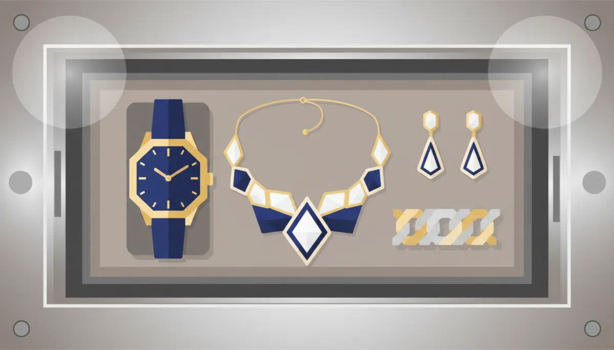 Fine jewelry and a luxury watch stored securely inside a vault drawer
