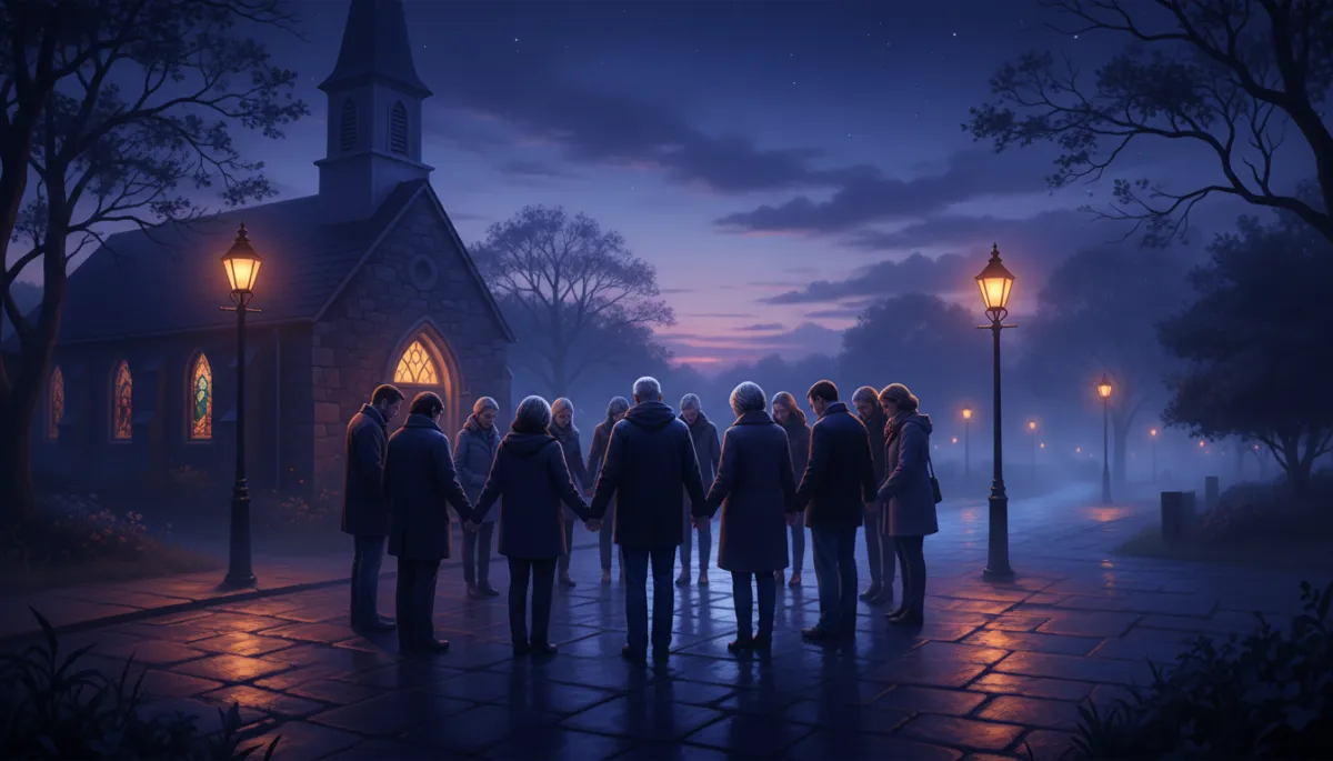 Faith community praying together outside a church in the evening