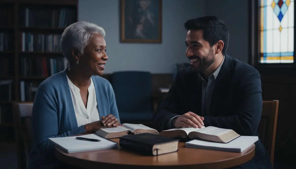 Mentor and participant meeting for faith-based reentry mentoring