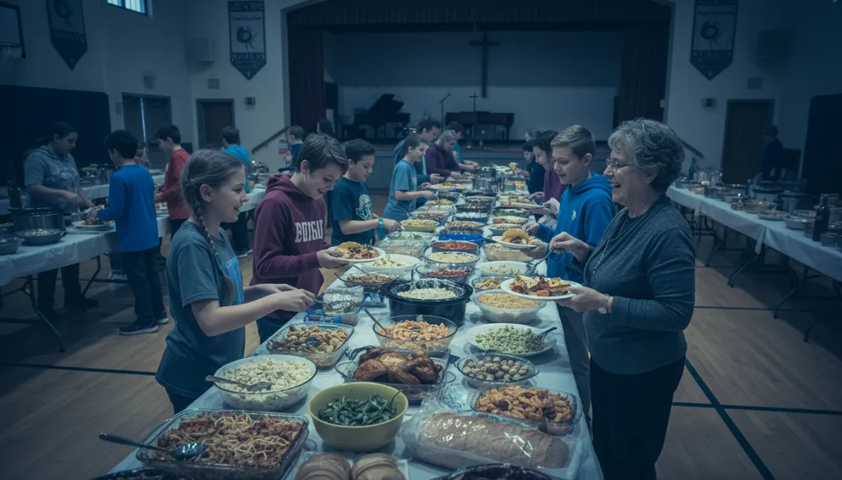Community reentry potluck with shared food and fellowship