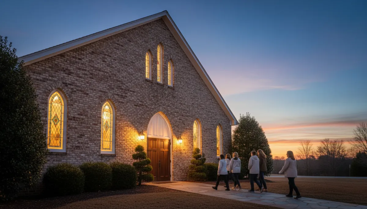 Photorealistic view of people arriving at a warmly lit community building