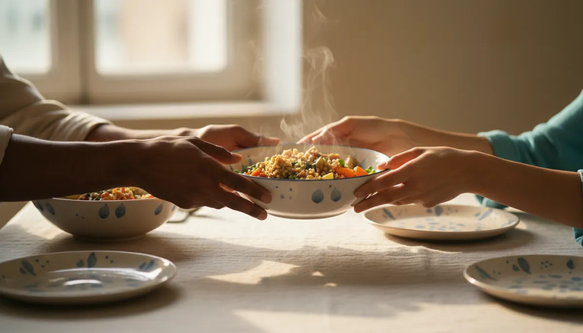 Photorealistic close-up of people sharing dishes at a potluck table