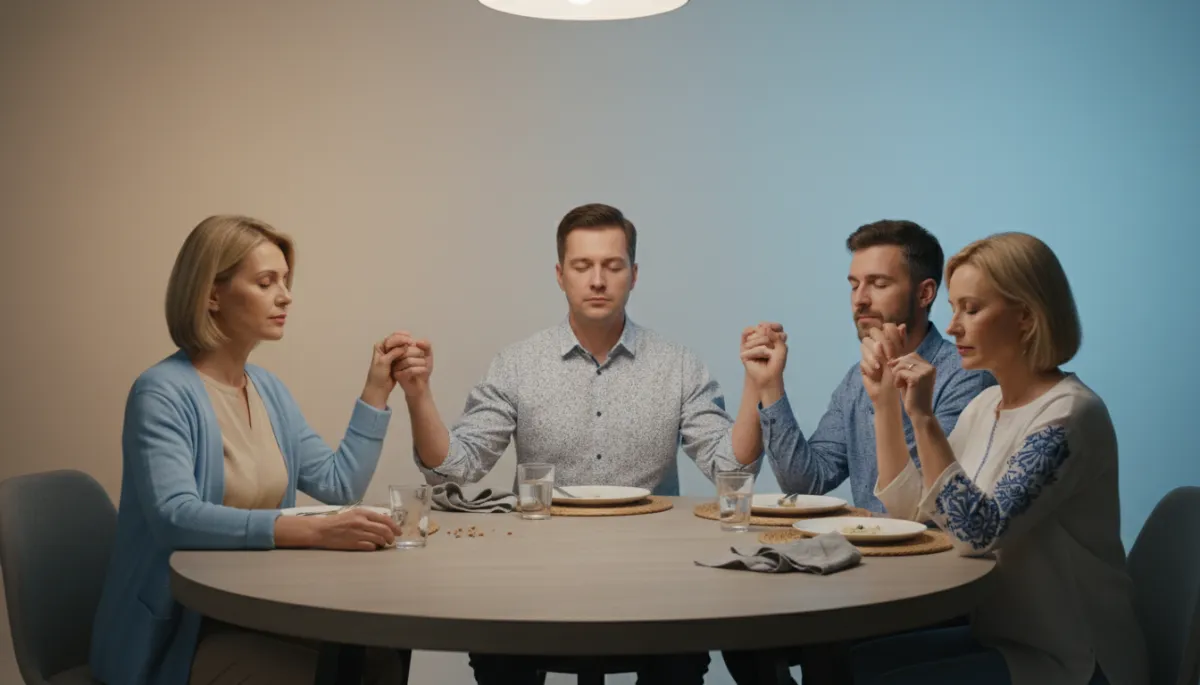 Photorealistic group holding hands in prayer after sharing a meal