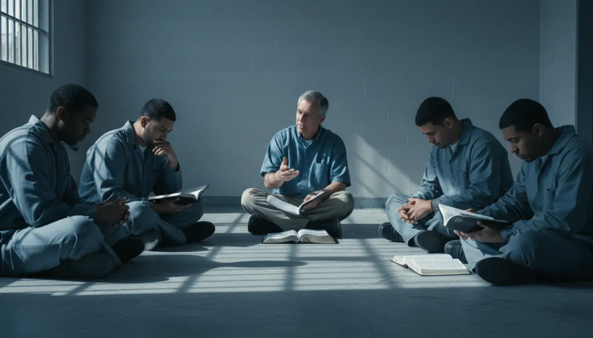 Incarcerated men in a circle with a mentor studying and planning together