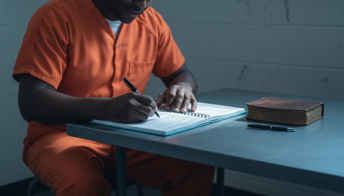 Incarcerated man writing future plans in a workbook with a Bible nearby