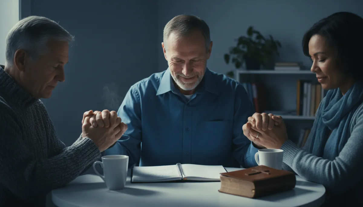 Formerly incarcerated man meeting with mentor and volunteer in a church office