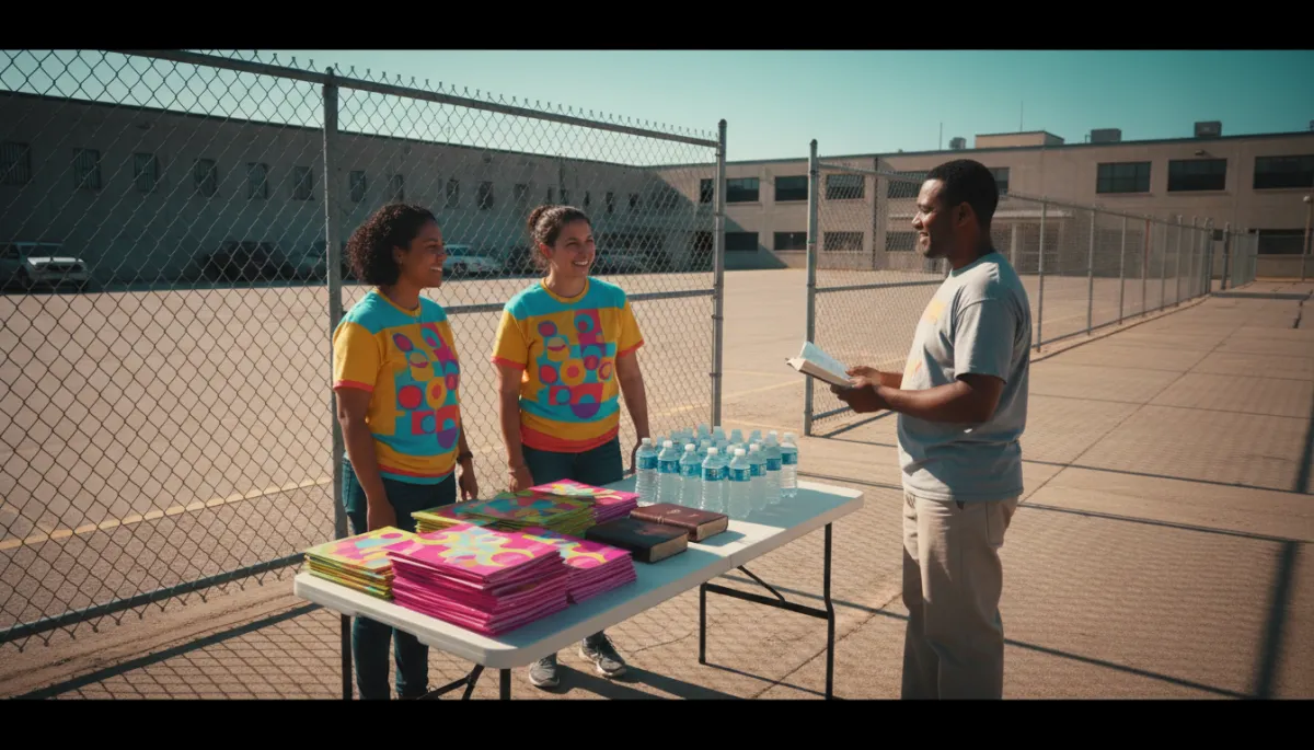 Aftercare team welcoming a newly released person at a table near the prison