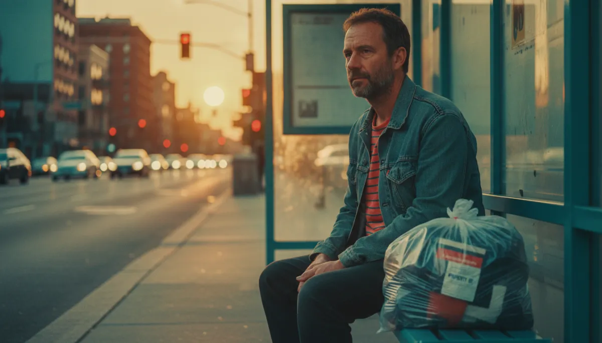 Recently released man waiting alone at a bus stop with his belongings