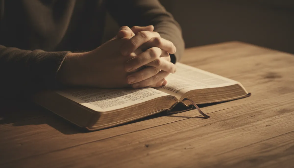 Hands folded in prayer over an open Bible on a wooden table
