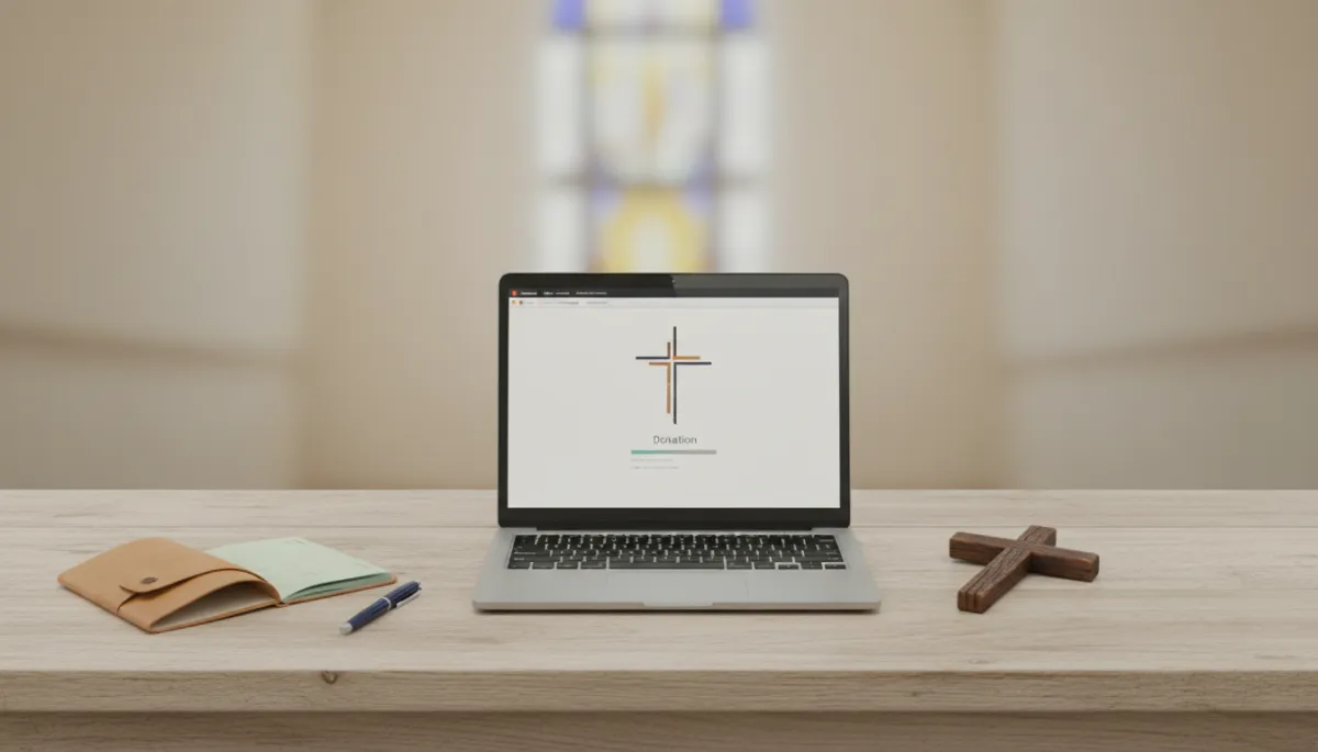 Desk with donation tools and a small cross symbolizing faith-based giving