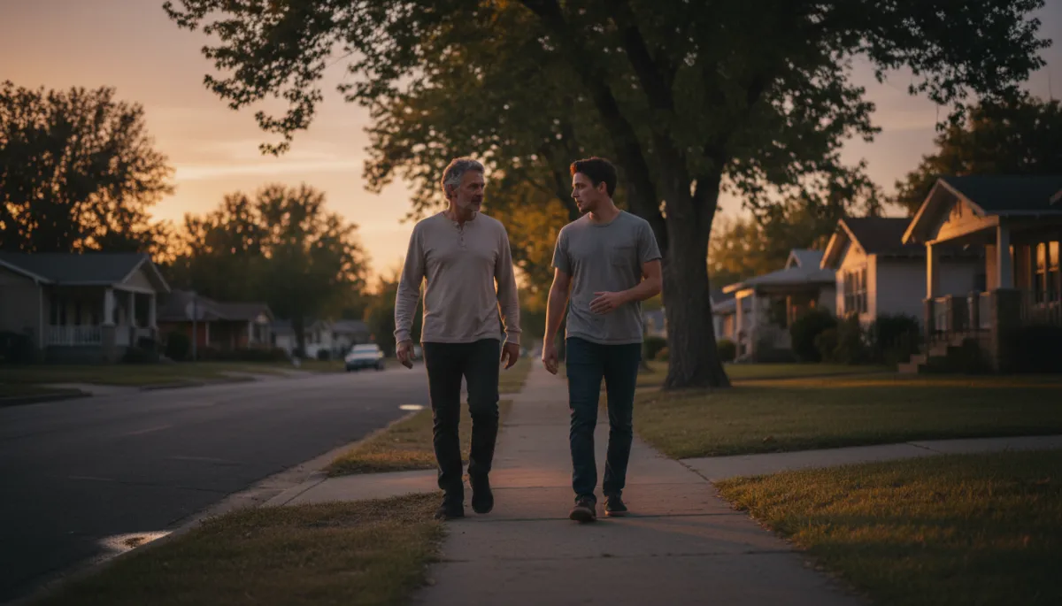 Mentor and returning citizen walking and talking in a neighborhood