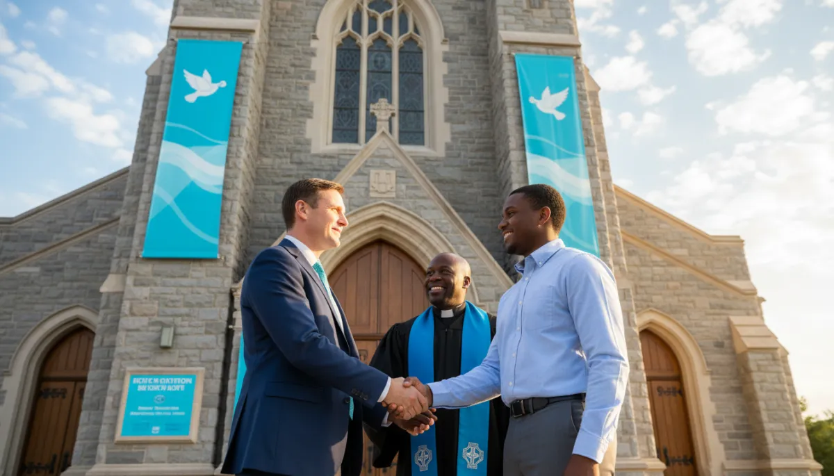photorealistic mentor and returning citizen standing outside a church after service, shaking hands with a pastor, fresh aqua banner and signage on church exterior, bright sky, hopeful expressions