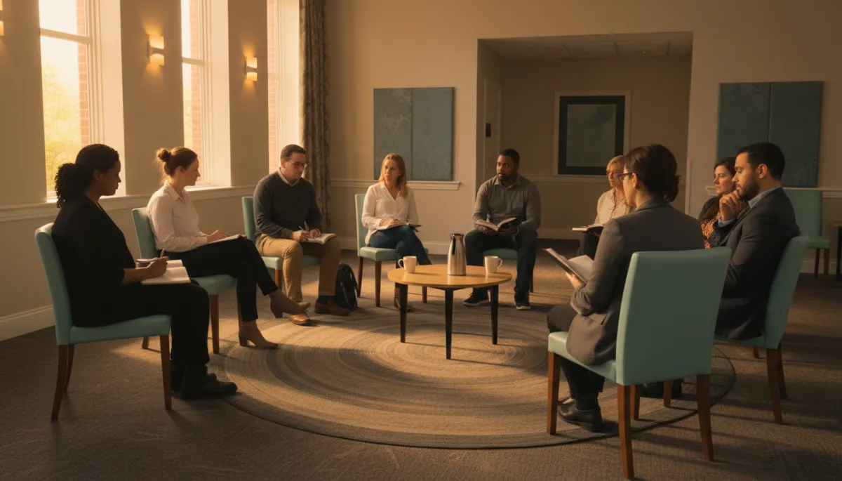 photorealistic small group of mentors and returning citizens seated in a circle in a church fellowship hall, notepads and Bibles in hand, subtle fresh aqua chairs and wall accents, warm evening light, diverse ages and backgrounds