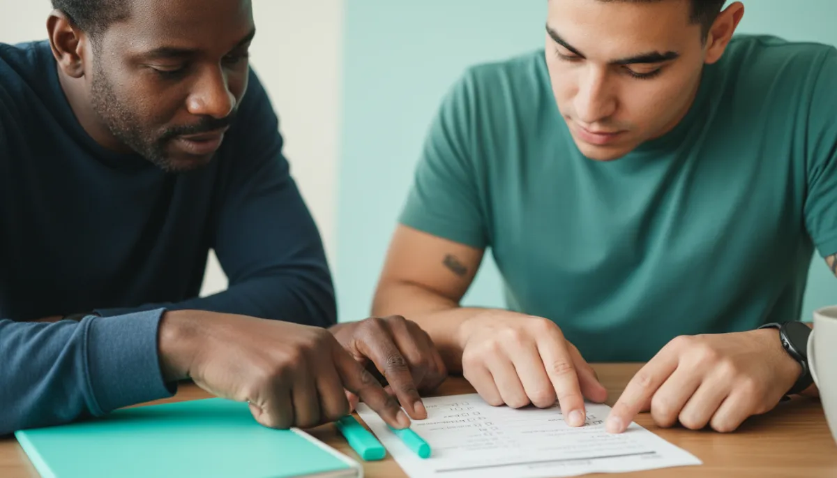 photorealistic close-up of mentor and returning citizen reviewing a written goal plan at a table, fresh aqua highlighter and notebook cover, hands pointing to milestones and checkboxes, calm focused atmosphere