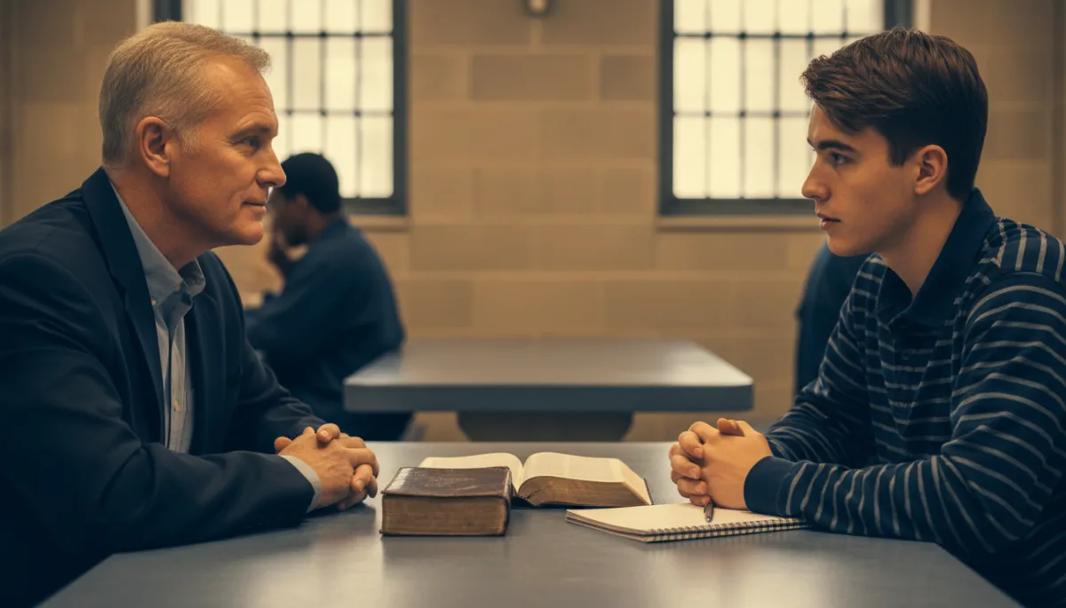 Mentor and incarcerated mentee studying together and discussing faith and life goals