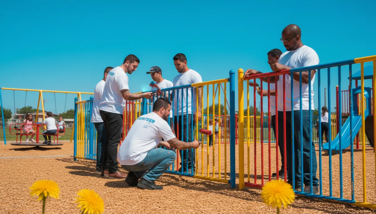 Formerly incarcerated men serving alongside volunteers at a community service project