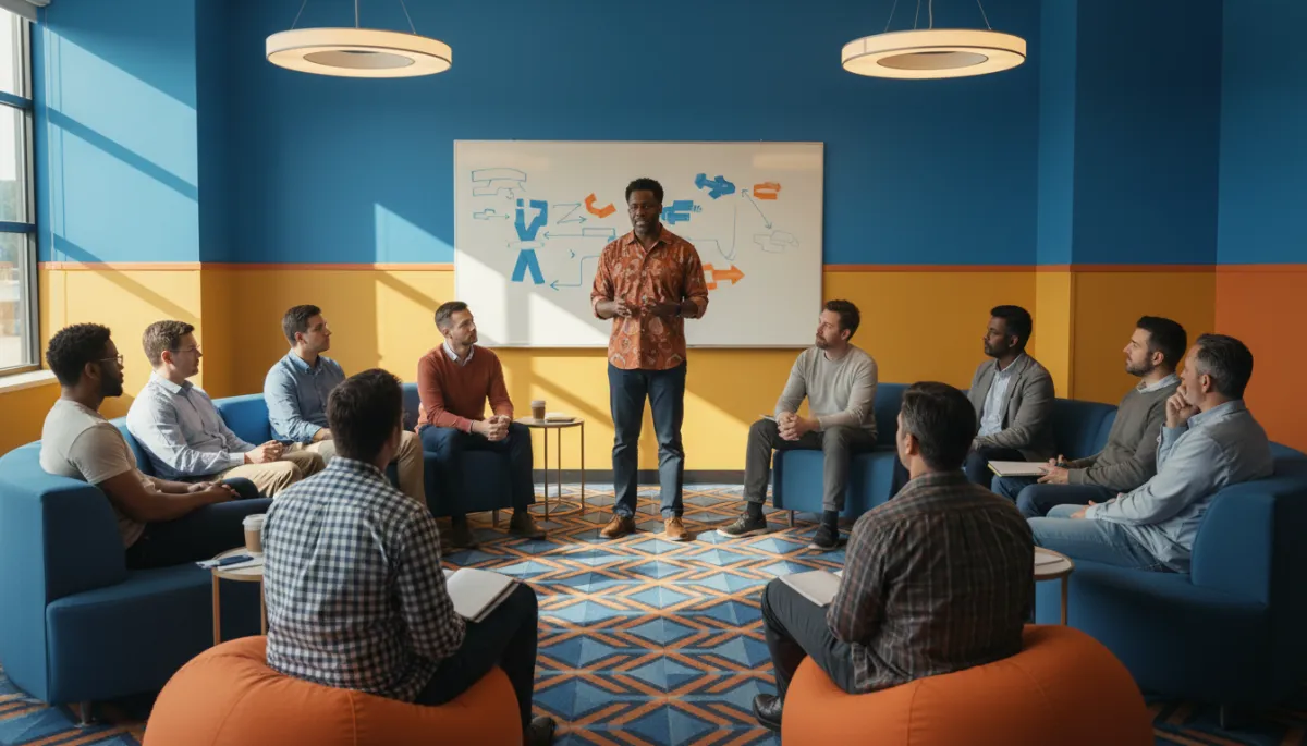 Formerly incarcerated leader facilitating a community discussion group for men