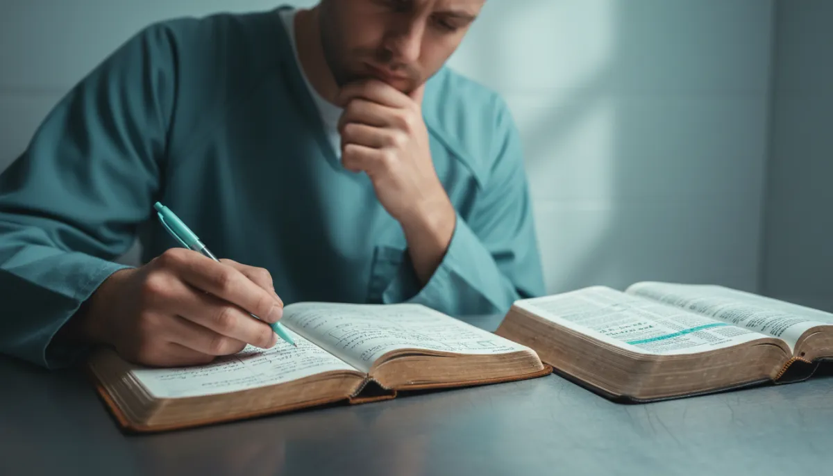 Incarcerated man journaling and reflecting with an open Bible